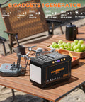 Portable Solar Generator 111Wh Power Station With 30W Solar Panel Included For Camping Outdoor Adventures Off Grid Power Emergency Backup With 120W Surge AC Outlet on table with gadgets