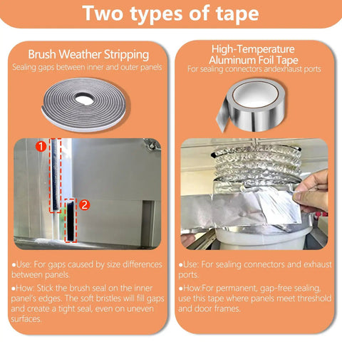 Two types of tape for Portable AC Window Vent Kit: Brush weather stripping and aluminum foil tape for sealing gaps and connectors.