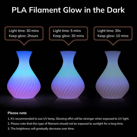 Glow In The Dark Multicolor Fast Change 3D Printer PLA Filament Bundle 1.75mm with UV reactive vase changes