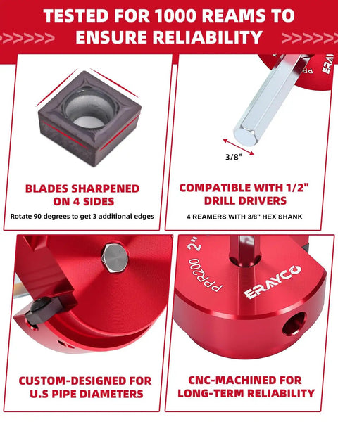 Four Piece PVC Pipe Reamer Kit For Home DIYers With Drill Adaptability Includes 1-1/2 Inch 2 Inch 3 Inch And 4 Inch Reamers Fits Standard 1/2 Inch Drills PVC Fitting Saver For SCH40 PVC CPVC And ABS Pipes with CNC-machined features and compatibility info, tested for reliability