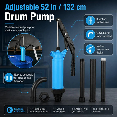Heavy Duty 55 Gallon Drum Pump With Ergonomic Lever Handle For Moving Motor Oil Diesel Fuel Water Alcohol Kerosene And Gear Oil Fast Flow Rate Includes Built In Filter Keeps Grime Out Smooth Work Makes Pumping A Breeze Shop Use image showing adjustable 52 in drum pump with components.