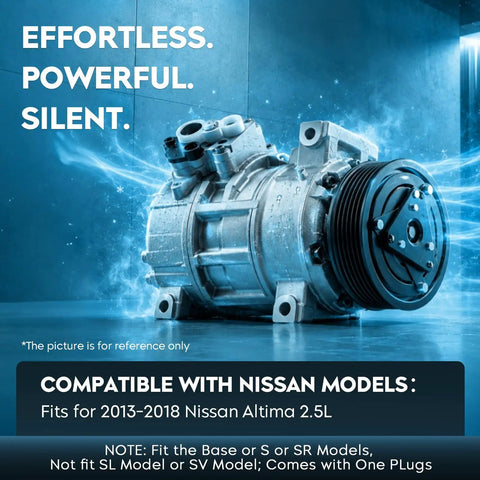 Top Shelf Ac Air Conditioning Compressor Assembly With Clutch And Electronic Plug Fits Nissan Altima 2013 Through 2018 Base S Sr Trim, silver unit with connectors.
