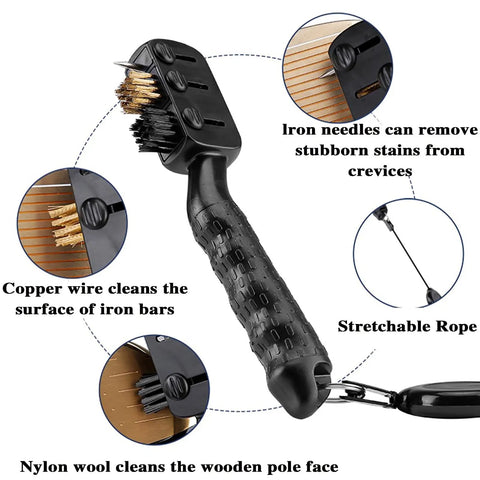 3-In-1 Golf Club Cleaner Brush Set With Retractable Head And Zip Line featuring nylon and brass bristles, groove spike.