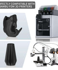 Glass Fiber Reinforced PETG Filament 1.75mm for 3D printing shown with a Bambu Lab FDM printer and printed black objects