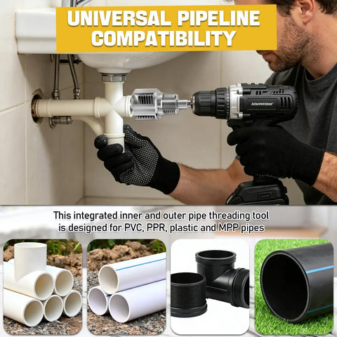 All In One Handy PVC Pipe Threader Set With One Half Inch, Three Quarters Inch And One Inch Threaders in use with drill