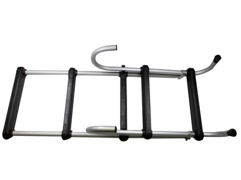 Removable Folding 5 Step Pontoon Boat Ladder With Anodized Aluminum Tubing Built Tough And Holds Up To 300 Lbs Stows Easily On Deck With Rail Mount Clips For Quick Access And Compact Storage. folded 5-step anodized aluminum pontoon boat ladder with rail mount clips
