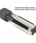 Cylinder Head Rethread Kit For Aluminum Heads Only With Tap And Reamer And Three Eighths Inch, Seven Sixteenths Inch, One Half Inch, And Three Quarters Inch Inserts For Spark Plug Thread Repair Pro Grade Heavy Duty Mechanic Tool For DIY Auto Works close-up of tap and reamer tool with locking feature