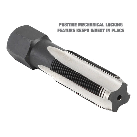 Cylinder Head Rethread Kit For Aluminum Heads Only With Tap And Reamer And Three Eighths Inch, Seven Sixteenths Inch, One Half Inch, And Three Quarters Inch Inserts For Spark Plug Thread Repair Pro Grade Heavy Duty Mechanic Tool For DIY Auto Works close-up of tap and reamer tool with locking feature