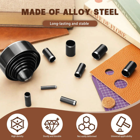 24 Piece Leather Circle Punch Set Pro Grade High Carbon Steel Hole Punch Kit For DIY Leather Crafts with different sized punches.