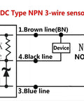 Wiring diagram for AX/BX DC Type NPN 3-wire sensor NC/NO with labeled connections - 1. Brown, 3. Blue, 4. Black lines