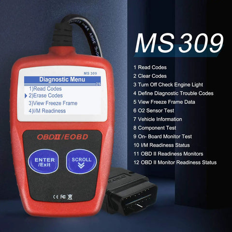 OBD2 Scanner For Cars Universal OBDII CAN Diagnostic Tool displaying menu options to read and clear check engine light codes.