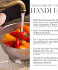 5 Quart Stainless Steel Colander With Handle For Beastly Fast Draining Fine Micro Perforations in use rinsing vegetables
