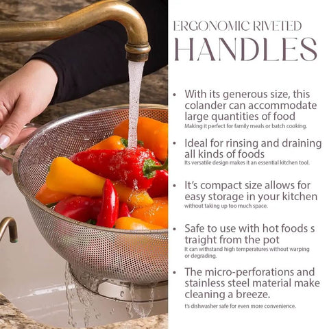 5 Quart Stainless Steel Colander With Handle For Beastly Fast Draining Fine Micro Perforations in use rinsing vegetables