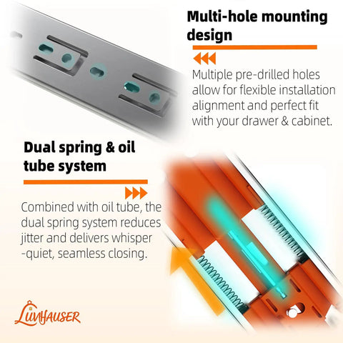 2 Pairs Soft Close Drawer Slides 10 Inch Heavy Duty Side Mount Full Extension Rails With Screws For Kitchen Cabinets 100Lb Capacity Anti Rust Long Lasting Silver Drawer Runners, multi-hole mounting design