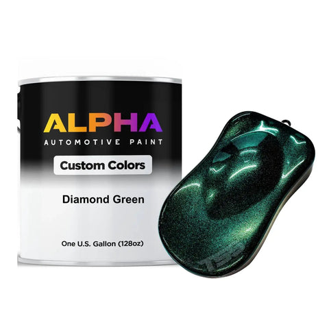 Bold Emerald Green Automotive Basecoat Midcoat Gallon Ready To Spray Heavy Duty Paint With Included Reducer For Knockout Shine And Quick Garage Paint Jobs next to a shiny green paint sample.