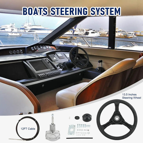 12ft Boat Steering Cable System Rotary Kit With 13.5 Inch Steering Wheel And Three Fourth Inch Tapered Shaft for boats.