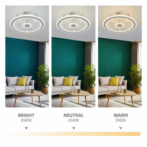 Flush Mount Ceiling Fan With Remote And Dimmable LED Light 19In 6 Speeds with three light tones in a modern living room