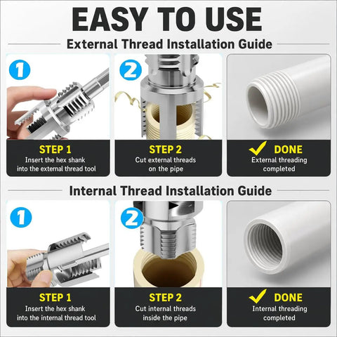 Four In One PVC Pipe Threader For Internal And External Threading Works With Electric Drills Easy To Use For One Half Inch Three Quarter Inch And One Inch PVC Pipes Tapping And Cutting Tool For DIY Home Plumbing Repairs, installation guide showing steps for threading.