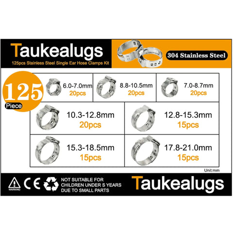 125 Piece 7 To 21mm Single Ear Hose Clamps Kit In 304 Stainless Steel With Ear Clamp Pincer, Corrosion Resistant Fuel Line And Pipe Clips, Assortment For Automotive DIY Projects product packaging showing size range and contents, 125 pcs total, various sizes from 6.0 to 21.0 mm.