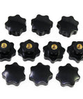 10-pack M6 7-star knurled knob set, black plastic with brass threaded inserts; front view
