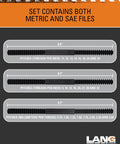 3 Piece Thread Restorer File Set For Damaged External Threads With Metric Rethread Files From 0.75 To 3.00 Millimeter, black finish, showing both metric and SAE sizes.