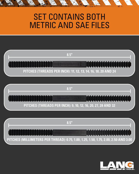3 Piece Thread Restorer File Set For Damaged External Threads With Metric Rethread Files From 0.75 To 3.00 Millimeter, black finish, showing both metric and SAE sizes.
