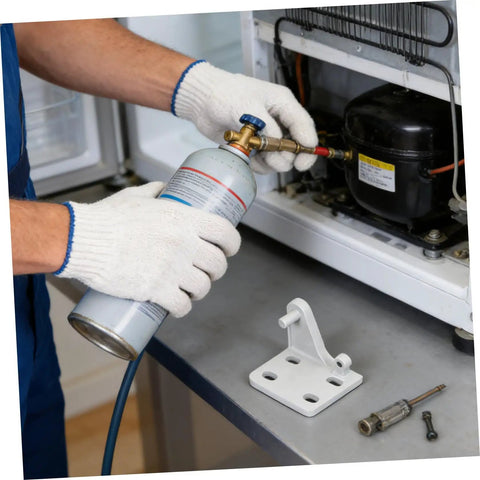 Rock Solid Metal Refrigerator Lower Hinge Assembly Two Piece Set For Freezer And Cooler Doors, technician repairing fridge with a gas canister.