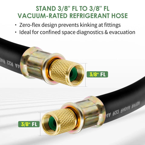 Close-up of brass fittings on Half Inch HVAC Vacuum Hose With Three Eighths Inch Fittings Six Feet Long High Flow Refrigerant Evacuation Line