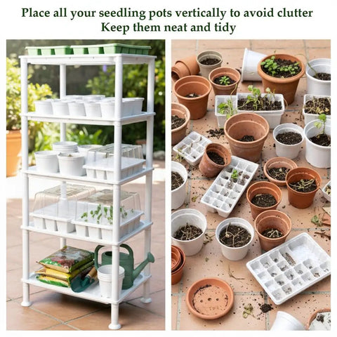 Five Tier Seed Starter Tray Stand With Self Watering Reservoir For Indoor And Outdoor Seedlings And Greenhouse Use A Space Saving Shelf For Small Cell Trays And Nursery Pots White.
