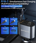 Retractable 4 In 1 Fast Car Charger With USB C And USB A Ports in grey, shown in car console, highlighting 2+2 port expansion.