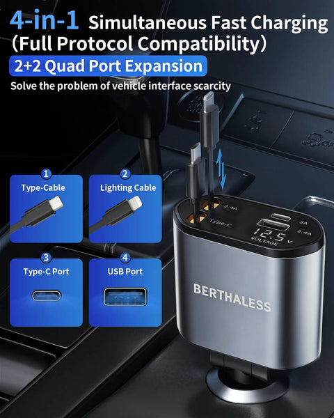Retractable 4 In 1 Fast Car Charger With USB C And USB A Ports in grey, shown in car console, highlighting 2+2 port expansion.