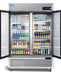 54 Inch Wide Commercial Reach In Display Refrigerator Featuring Dual Tempered Glass Doors, stocked with various beverages.