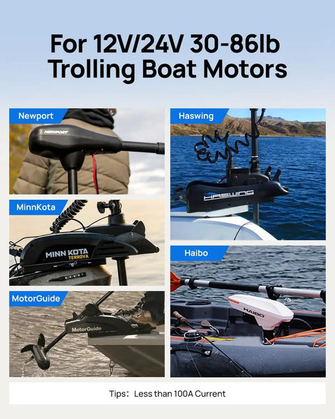 Various trolling boat motors by Newport, Haswing, MinnKota, Haibo, MotorGuide, compatible with 12V LiFePO4 Battery For Trolling Motors.