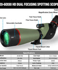 20-60x80 Dual Focus Spotting Scope With Tripod Carrying Bag And Smartphone Adapter BAK4 Angled Waterproof Outdoor Telescope diagram