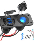 Heavy Duty Two In One Aluminum Panel With Four USB Ports Paired With A Lighted 150 Watt Cig Socket And Built In Voltmeter Dual PD30 And Dual QC30 Fast Charge Board No Sweat Setup For RV Boat, showing charging ports and connectors.