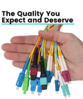 LC-to-LC OM4 fiber patch cables in assorted colors held in a hand (front view).