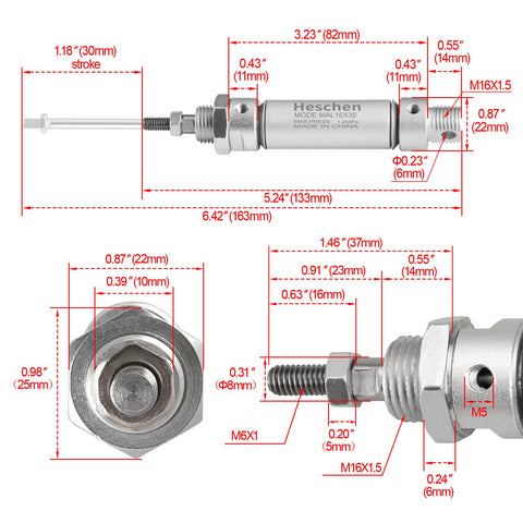 Technical diagram of Slim Pneumatic Air Cylinder MAL 16 30 With M5 Port, 16mm Bore and 30mm Stroke, Double Acting.