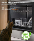 Quiet Stainless Steel Cat Water Fountain 2.8L With 20dB Ultra Quiet Pump shown in dishwasher with BPA free label