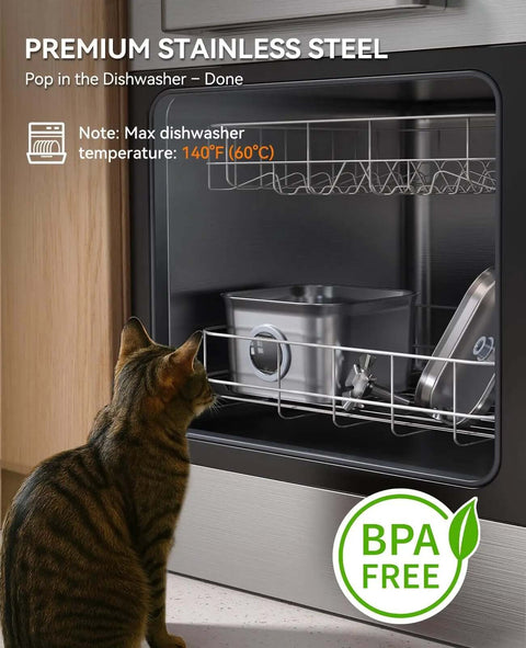 Quiet Stainless Steel Cat Water Fountain 2.8L With 20dB Ultra Quiet Pump shown in dishwasher with BPA free label