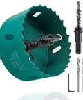 Front view of Qjaiune 70mm bi-metal hole saw with arbor; green cutter with included drill bits and hex key