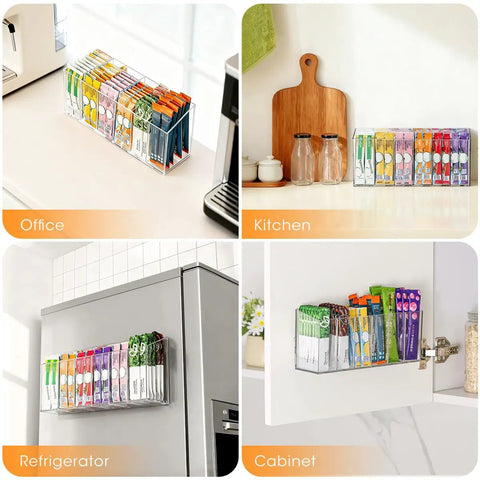 Game Changing Drink Packet Organizer With Adhesive And Magnet Mount For Fridge Cabinet Featuring Slide Out Dividers To Keep Your Kitchen Pantry Fully Loaded And Always Slick displayed in office, kitchen, refrigerator, and cabinet settings.