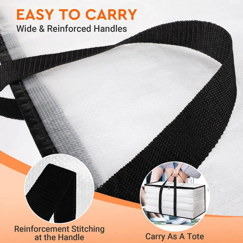 Clear Heavy Duty Moving Bags 4 Pack With Zipper, featuring reinforced handles and stitching detail, easy to carry