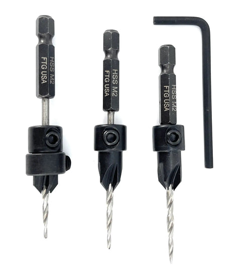 Knockout Adjustable Countersink Drill Bit Set With Tapered Twist Bits And 7/64 Inch Precision Cut Carbon Steel Wood Hole Cutter with hex key.