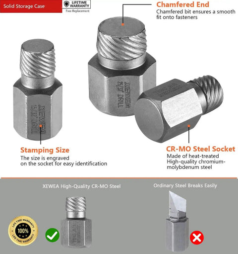 CRMO Steel Heavy Duty 29 Piece Screw Extractor Set with hex head, chamfered ends, and size stamping for easy bolt removal.