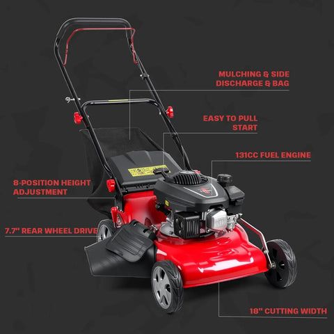 131cc Gas Powered Self Propelled Lawn Mower With Foldable Design Easy Start 3 In 1 Gas Push Mower For Yard And Garden Beast Mode 50L Grass Catcher Rear Wheel Drive Red, 18-inch cutting width