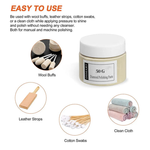 Pro Grade 3000 Grit Diamond Polishing Paste, 50G With 25% Diamond Powder, shown with wool buffs, leather strops, and clean cloths.