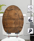 Elongated Overhead view brown wooden table Toilet Seat showing sturdy resin design with metal links and easy installation.