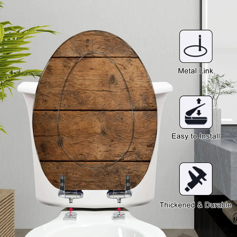 Elongated Overhead view brown wooden table Toilet Seat showing sturdy resin design with metal links and easy installation.