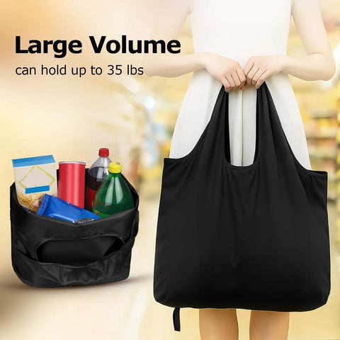 Person holding Ultra Lightweight Foldable Grocery Tote Bags Set Waterproof Reusable Shopping Bags For Groceries Nylon Tote Bags Pocket Fold Grab And Go 1 Pack 2 Pack Or 4 Pack Black, showing large capacity, filled with groceries.