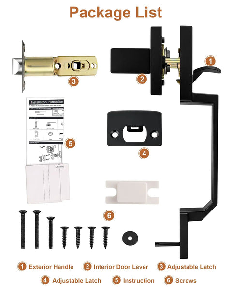 Package contents of Matte Black Exterior Door Handle Set With Reversible Lever Square Entry Front Door Handle No Lock Lower Half Handleset